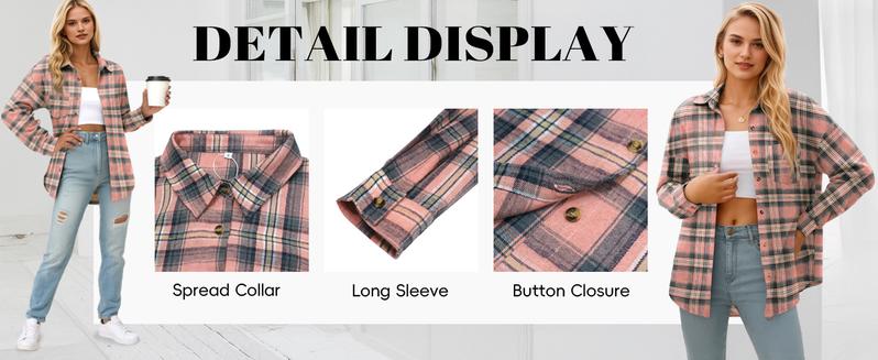 ETCYY NEW Women’s Pink Striped Plaid Flannel Shirt – Fitted Buffalo Check Button-Down Cardigan Blouse, Cute Fall Outfit & Rave Going Outfits, Long Sleeve Womenswear Top for Office, Business & Casual Wear
