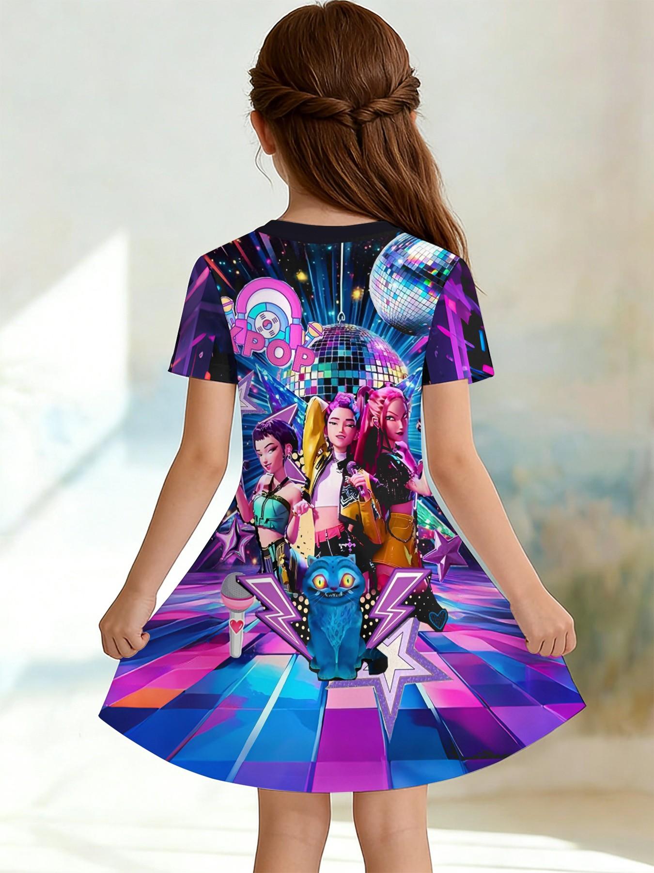 K-Pop Demon Hunters Disco Print A-Line Dress for Girls, Casual Short Sleeve Skirt, Fashion Outdoor Wear, Birthday and Holiday Gift