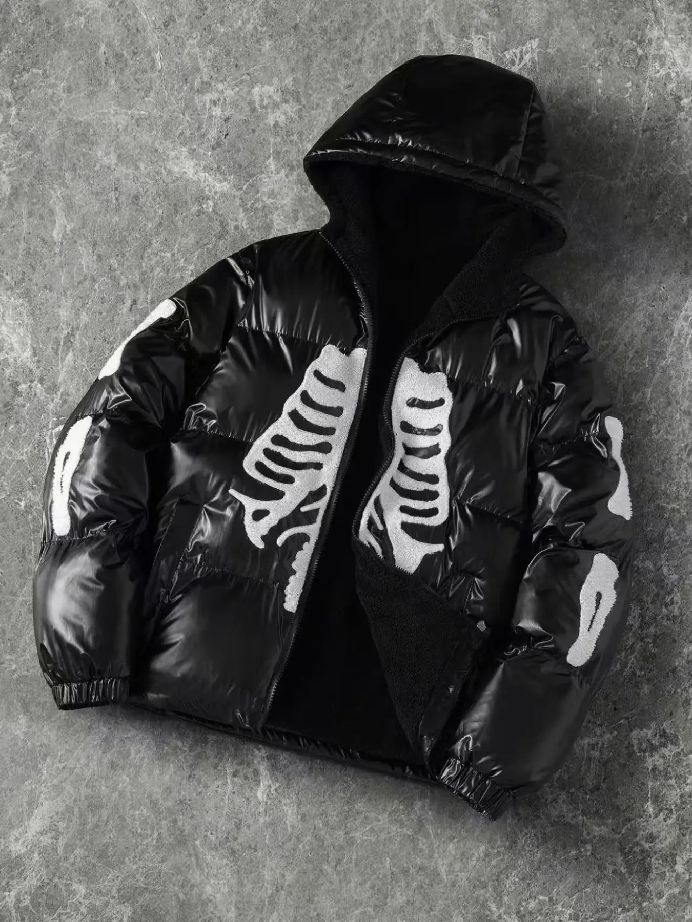Winter New Cool Bone Print Casual Jacket, Glossy Hooded Coat, Outerwear, Thick Fleece Lining, Loose Oversize Quilted Design, Street Style Unisex