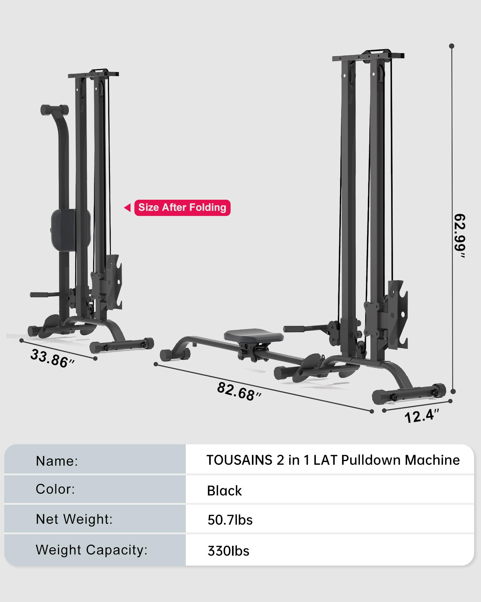CR63 TOUSAINS Foldable Lat Pulldown & Row Machine, 330LBS Strength, Back Exercise, LAT Tower and LAT Row Cable Machine for Home Gym Dumbbell Clamps,Space Saving Design