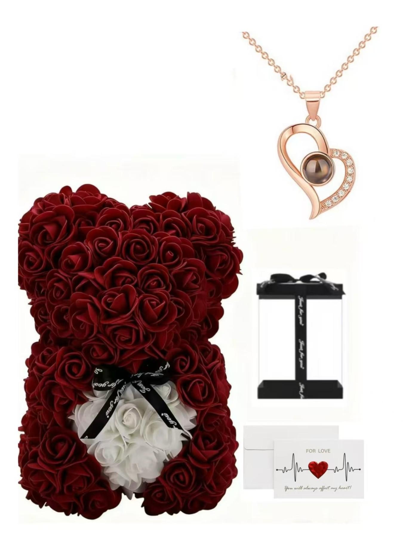Valentine's Day Gift Set, 100 Languages Love Necklace, Heart Bear, Romantic Card, Mother's Day Present, Perfect for Girlfriend and Mom