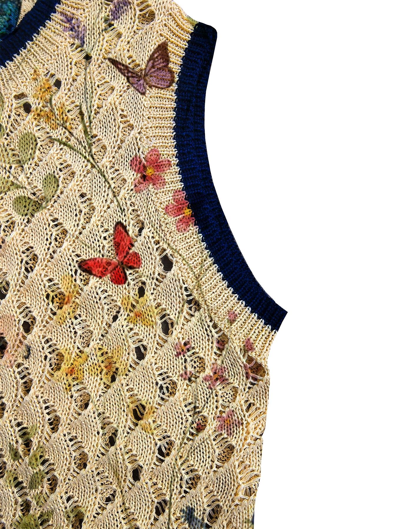 Women's Casual Butterfly Animal Floral Print Round Neck Vest Top, Loose-Fitting Short Knit Sweater Vest, Spring Summer Fall Fashion