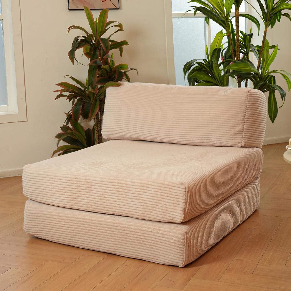 Modularization Folding Sofa Bed, Convertible,  SleeperSleeper Chair with Pillow Foldable Mattress with Back Support, Portable Fold Out Chair Bed Comfy Floor Sofa Lounge for Living Room Bedroom, Beige, Single