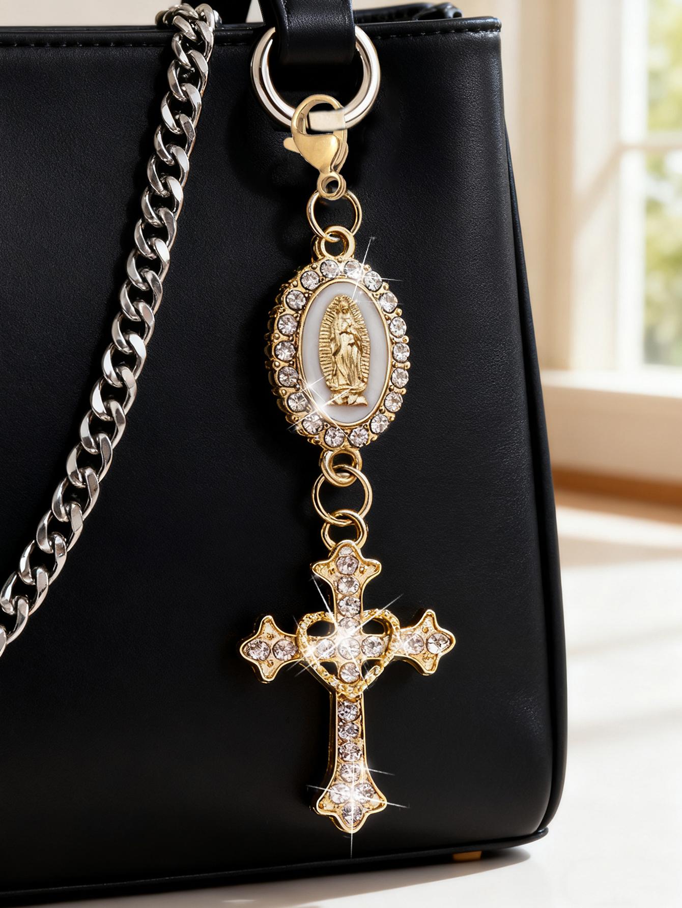 Christian Amulet Keychain With Love And Rhinestone Cross, Pendant Decorated With The Virgin Mary, Pearl And Diamond Amulet - Gothic Cross Keychain, Keychain For Bags, Bag Amulet, Cross Pendant, Decorative Wallet Backpack Accessories