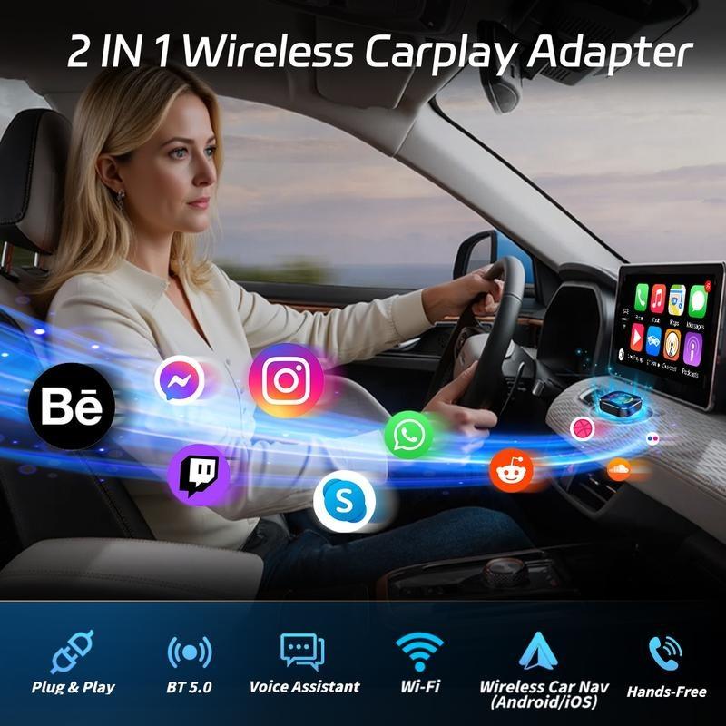 Wireless Carplay Adapter for iPhone Android Devices, Universal Compatibility, Fast Connection Zero Latency Hands-Free Calling Charging, Wireless Carplay Converter