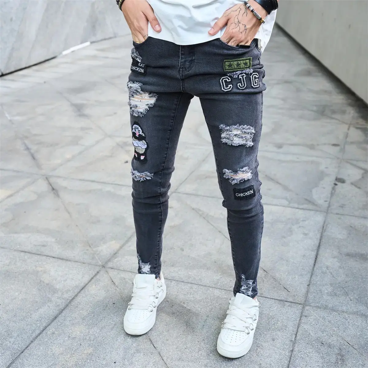Men's Stylish Holes Embroidery Stretch Skinny Jeans Trousers Ripped Distressed Slim Fit Pencil Denim Pants Casual Streetwear Menswear