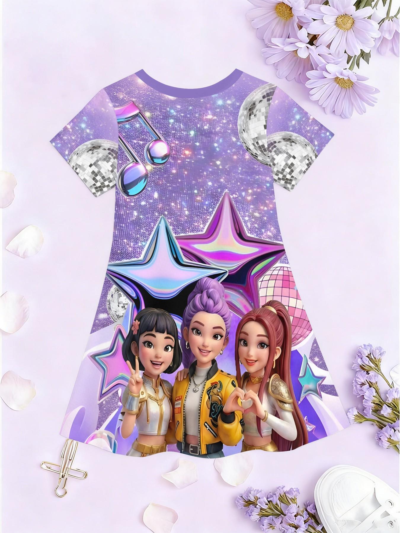 Trendy Girls' Kpop Witch Group Print Dress, Kids Disco Star Casual Short Sleeve Skirt, Birthday Gift, Festival Gift