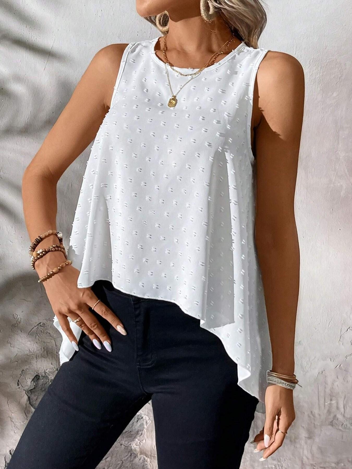 Women's Jacquard Sleeveless Vest, Casual Loose Fit Asymmetrical Hem Top, Summer Round Neck Versatile Shirt