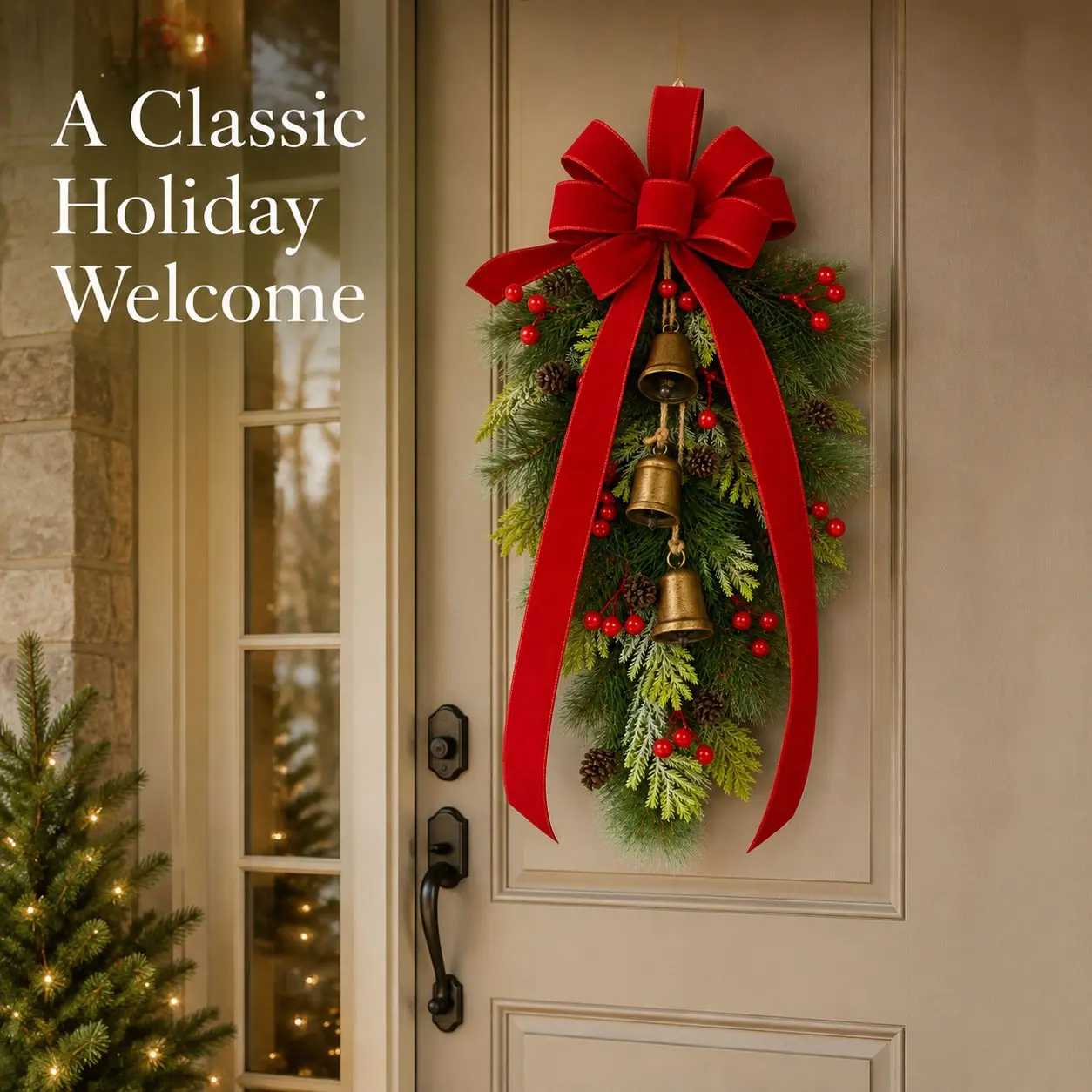 Christmas Door Wreath Decoration, Bow Bell Pine Branch Berry Conifer Door Knocker, Holiday Home Decor, Waterdrop Shape Wreath