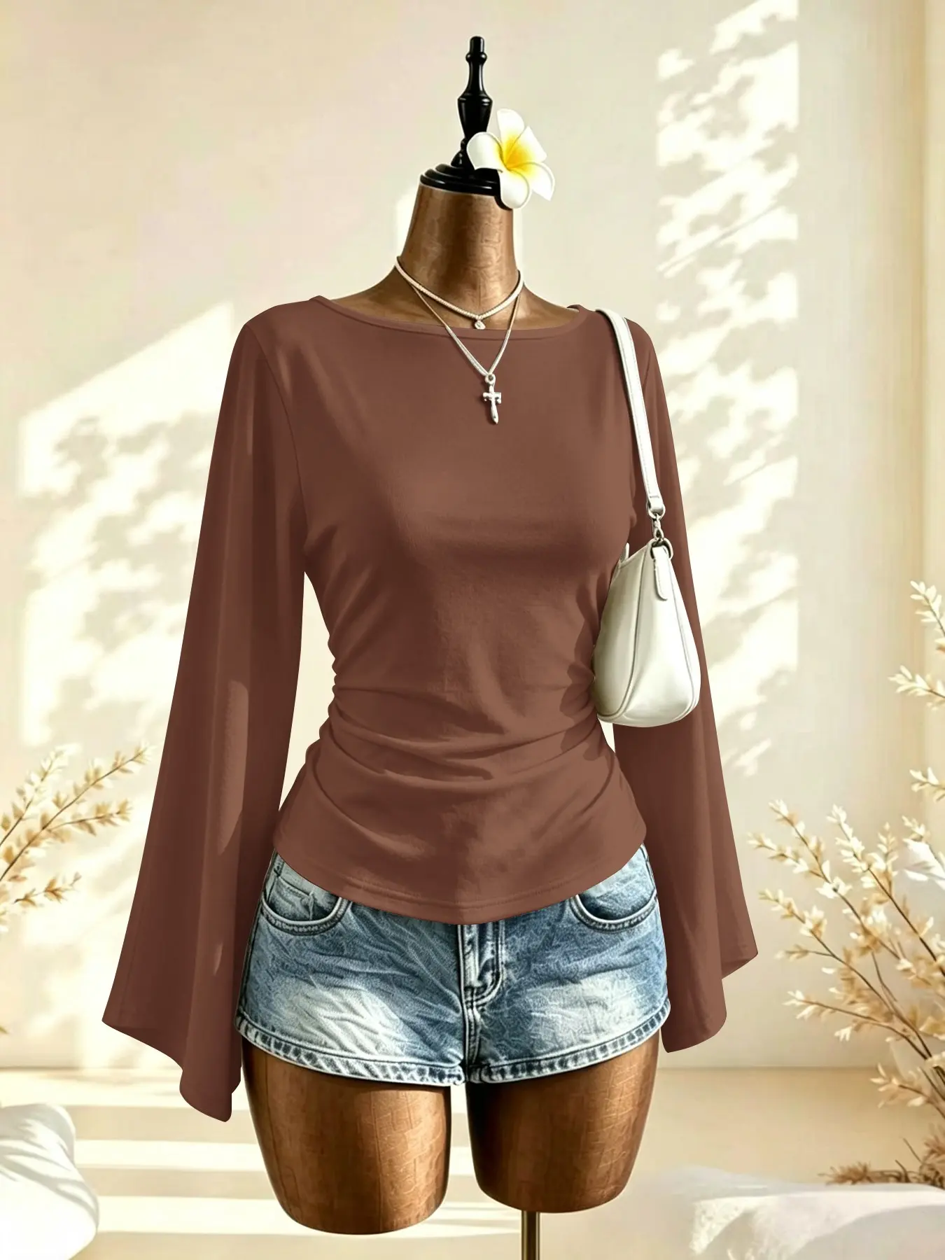 Spring Summer Women's Long Sleeve Top, Large Neckline, Solid Color, Slimming Design, Waist Drawstring, Elegant Ladies' Blouse
