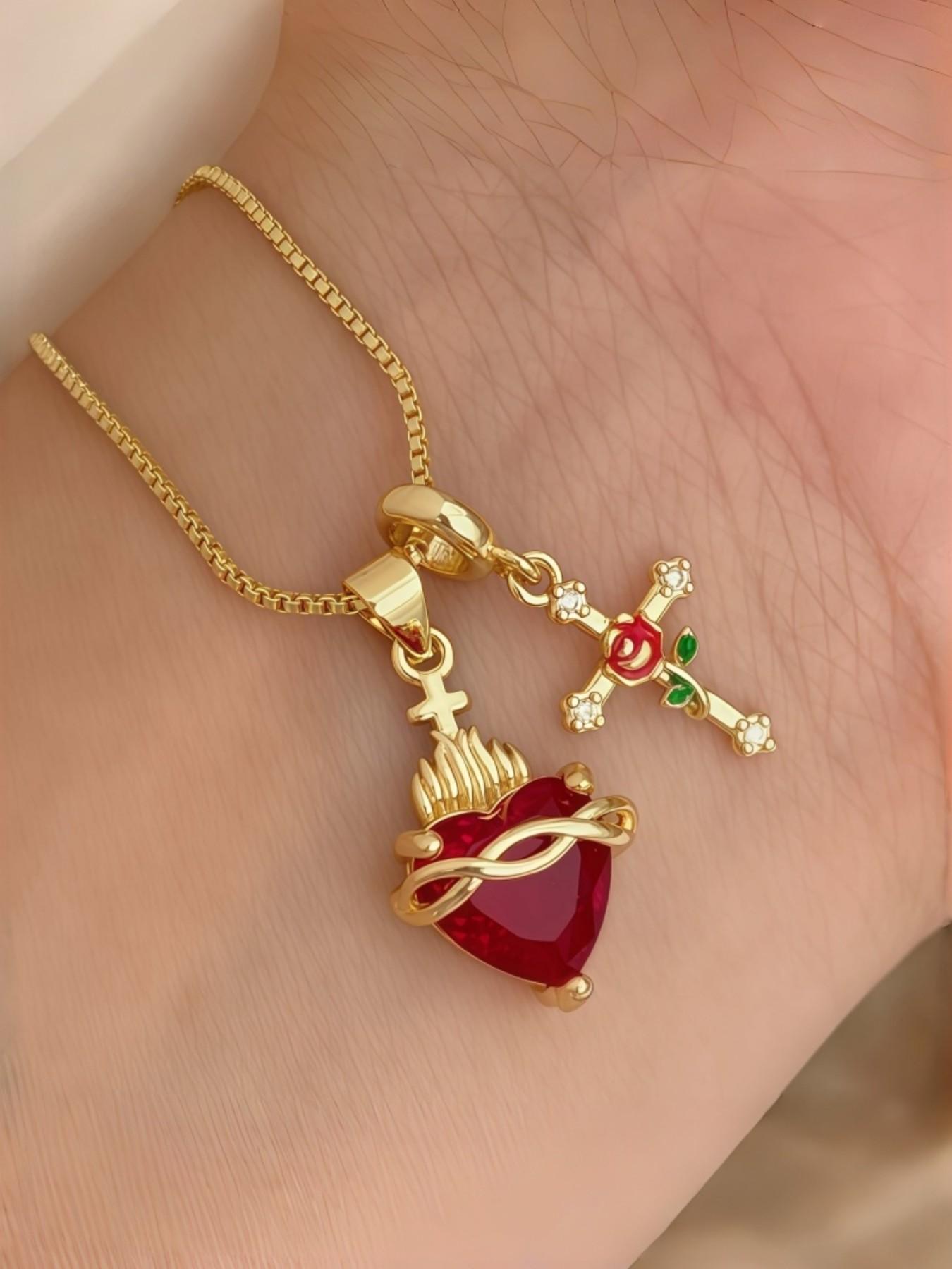 Sacred Heart/rose Cross Pendant Necklace, Women's Fashion Casual Jewelry, Ideal for Daily Wear, Perfect Valentine's Day Gift