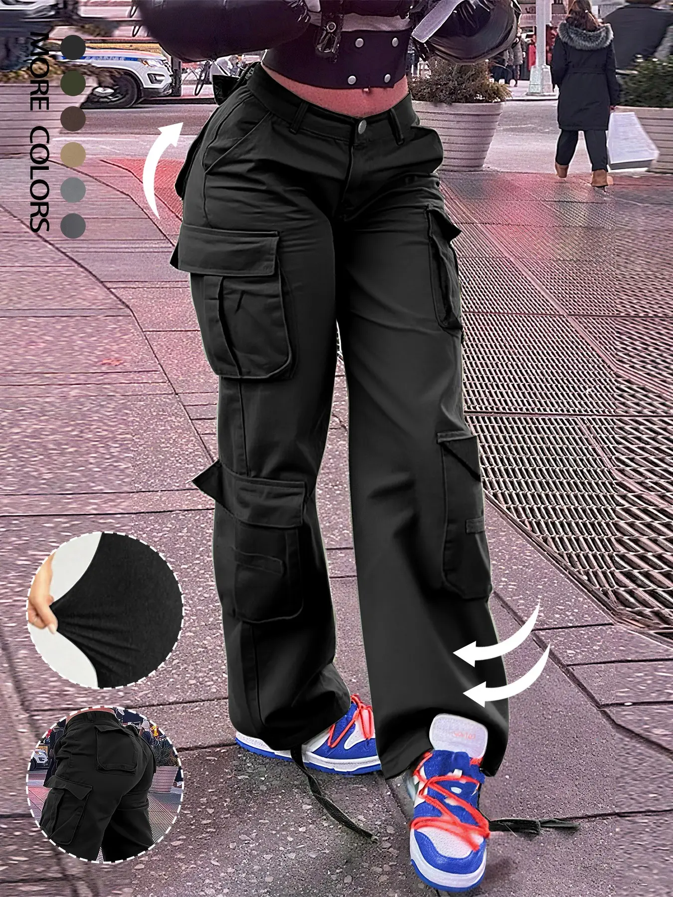 Fashion High-Waisted Cargo Pants with Pockets, Y2K Tactical Style Pants, Streetwear, Casual Retro Women's Bottoms for Fall & Winter, Basic, Buttoned Pockets