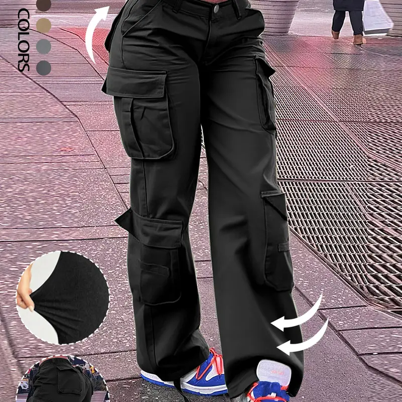 Fashion High-Waisted Cargo Pants with Pockets, Y2K Tactical Style Pants, Streetwear, Casual Retro Women's Bottoms for Fall & Winter, Basic, Buttoned Pockets