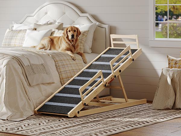 HOOBRO 63" Long Folding Pet Ramp with Non-Slip Mat and Safety Side Rails, Dog Ramp for Bed, 5 Height Adjustable up to 29.5", Wooden Dog Ramp for Couch, for Small/Large Dogs, Natural and Black