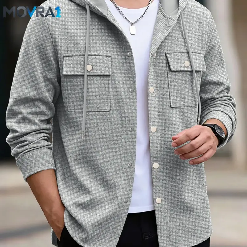 MOVRA1 Men's Waffle Knit Hooded Jacket, Workwear Large Pockets Single Button Cardigan, Casual Trendy Fashion Outerwear, Slim-Fitting Style