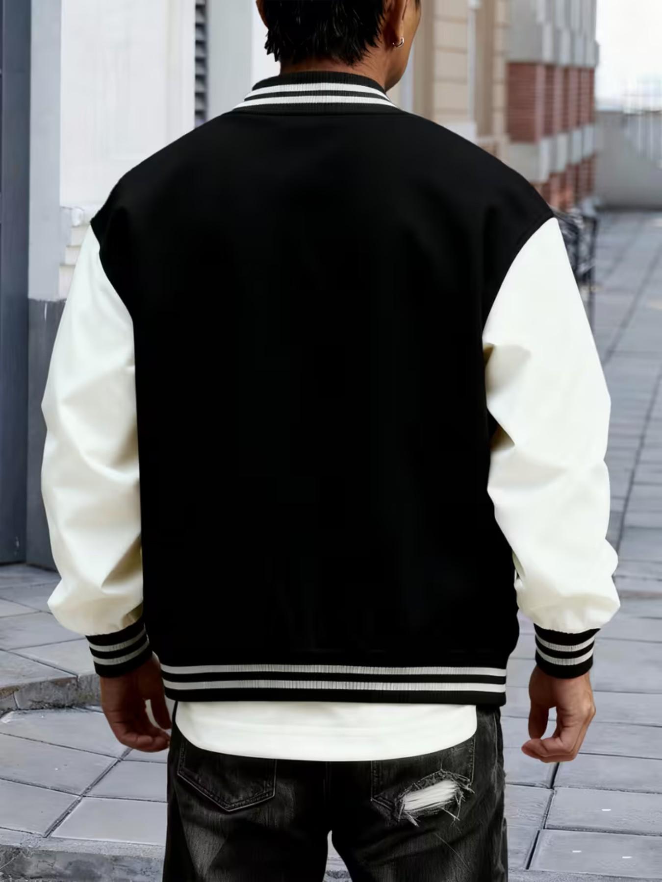 Men's Trendy Baseball Jacket, Geometric Pattern, Colorblock Sleeves, Button Closure, Stretch Fabric, All Season Outerwear, Casual Style