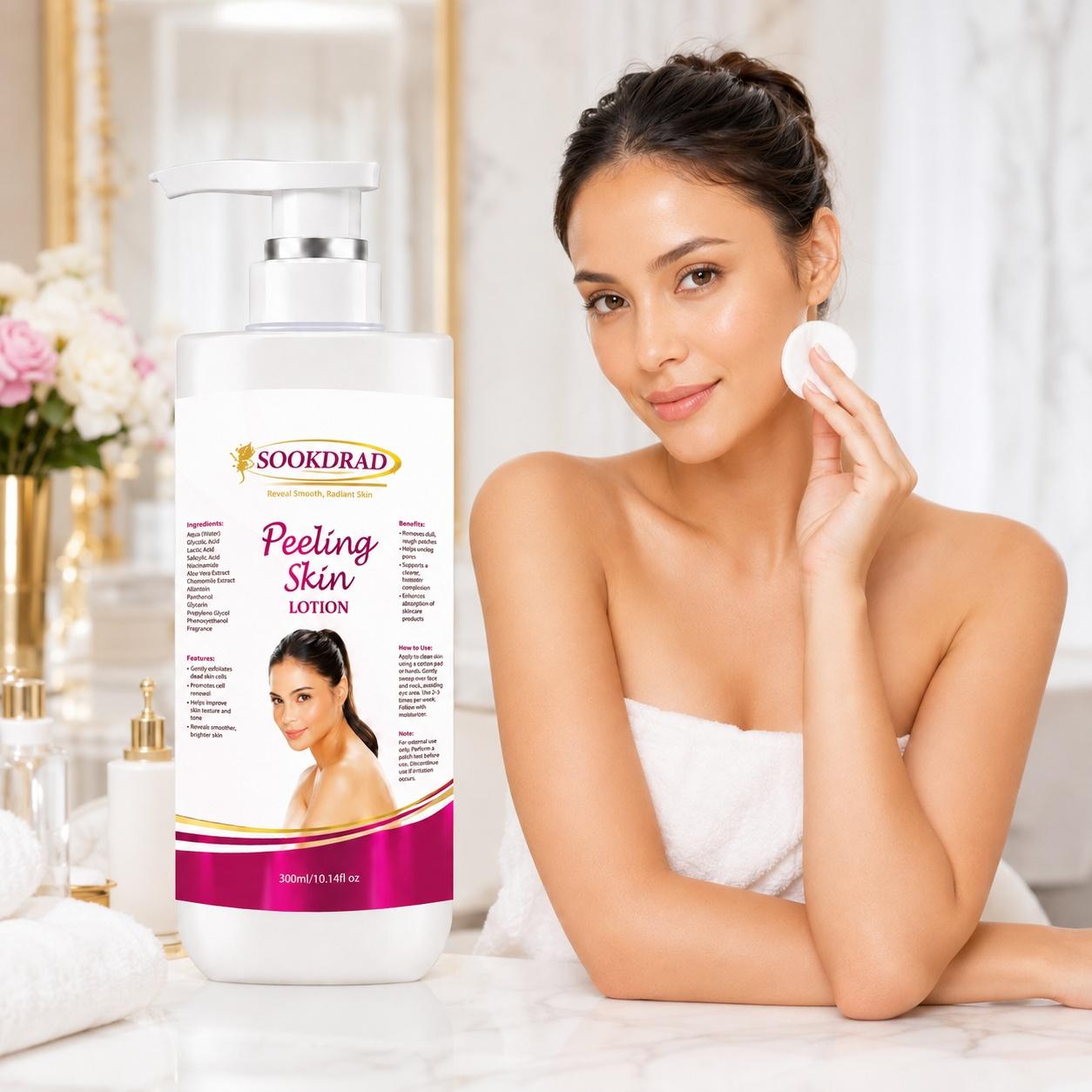 Peeling Skin Lotion, contains Glycolic Acid, Lactic Acid, Salicylic Acid, Niacinamide, Aloe Vera Extract, Chamomile Extract, exfoliates dead skin cells, improves skin texture, unclogs pores, reveals