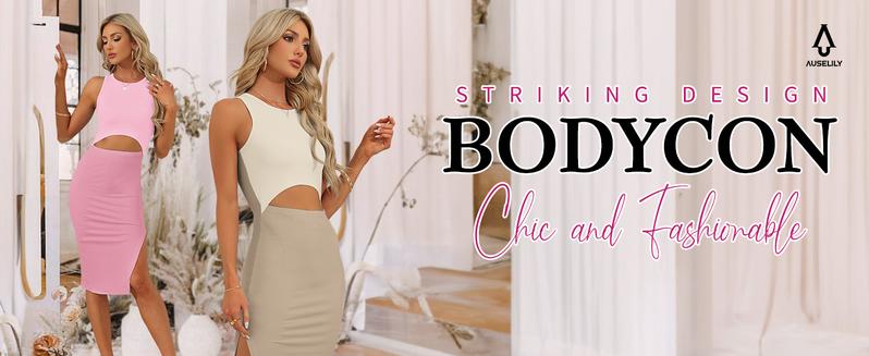 AUSELILY 2025 New Curve Cutout Bodycon Midi Dress – Flattering Fit with Midriff Detail | XS–XL AUSELILY 2025 New Curve Cutout Bodycon Midi Dress – Flattering Fit with Midriff Detail | XS–XL