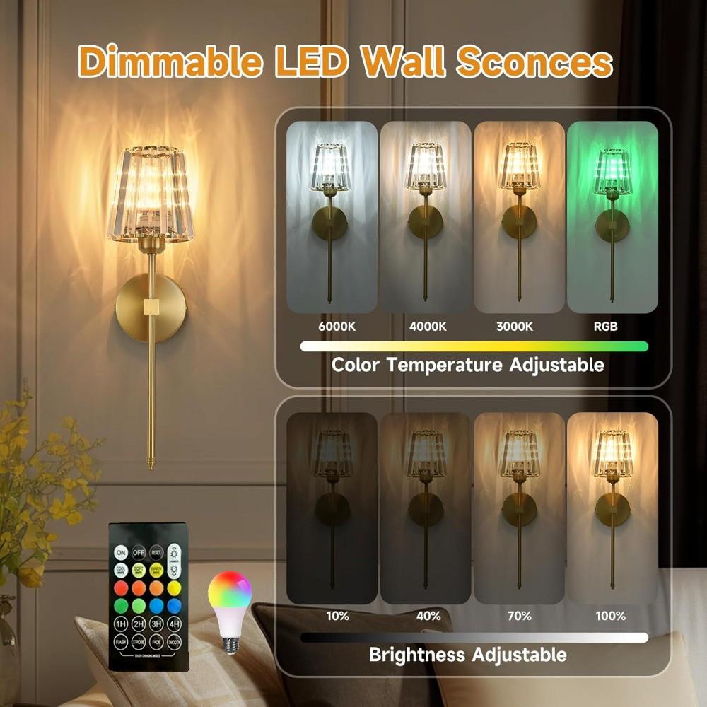 2-Pack Rechargeable Wall Lamps, Crystal Shade, RGB Bulb, Remote Control, Adjustable Light, Ideal for Bedroom, Living Room, Kitchen, Hallway, Entryway