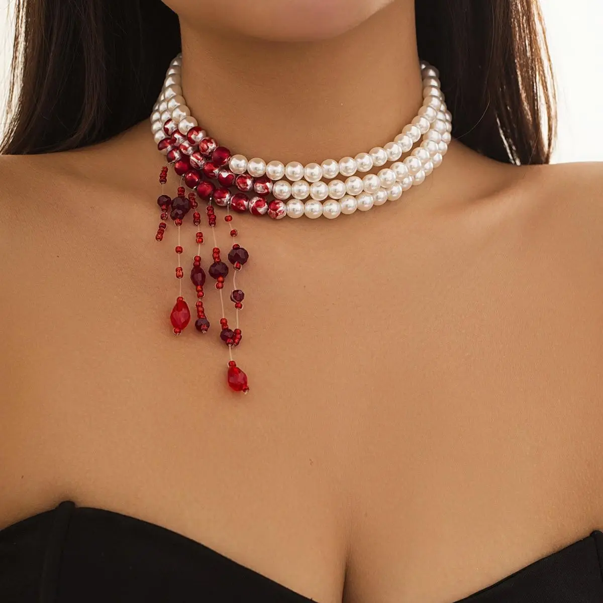 Women's Gothic Blood Drop Pearl Choker Necklace, Vintage Faux Pearl Necklace with Red Crystal Pendant, Y2K Dark Aesthetic Statement Jewelry, Adjustable Layering Necklace for Halloween, Cosplay, Concert, Party, Date Night & Gift for Her
