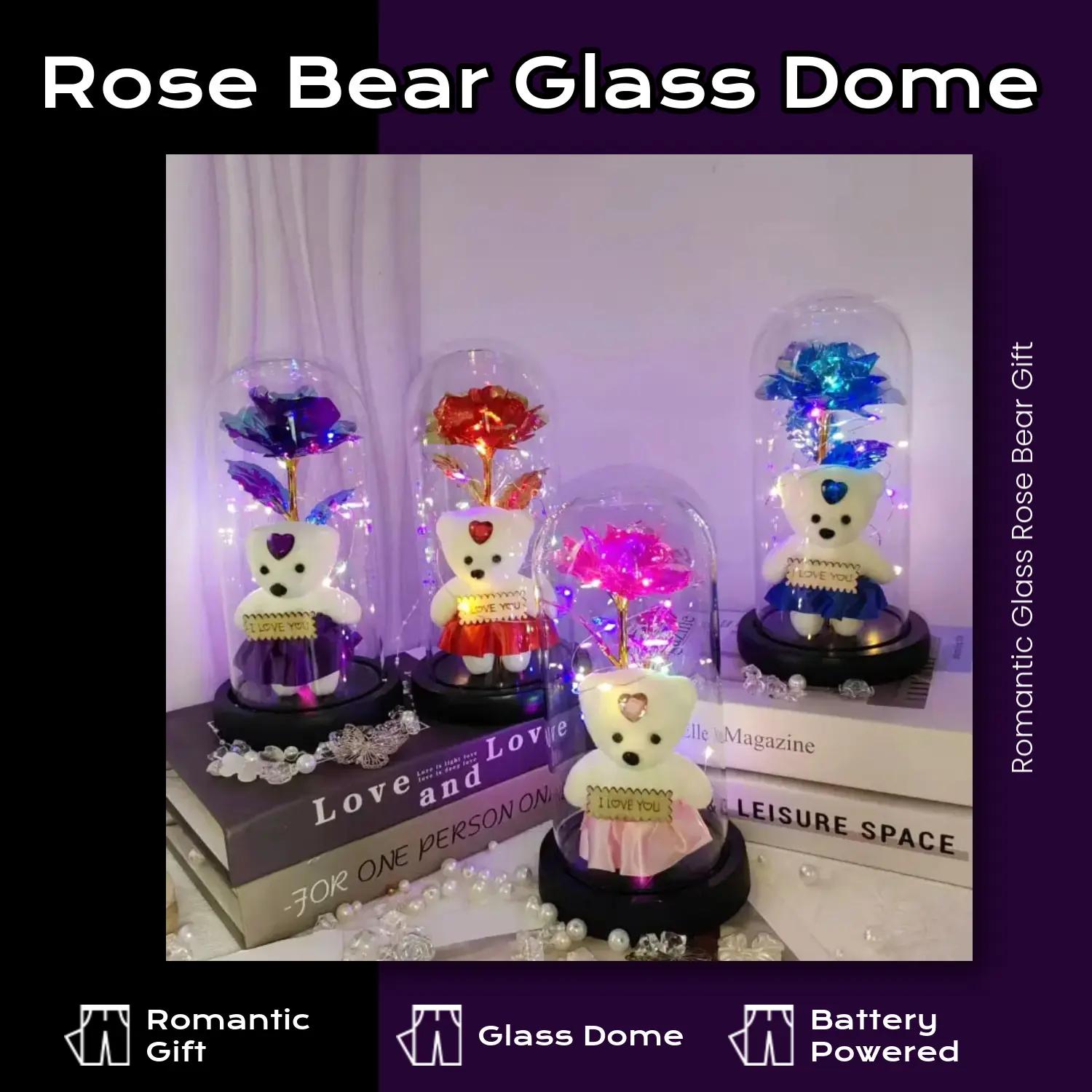 Artificial Rose Bear Gift with Glass Dome, 1 Count Battery Powered Romantic Glass Cover Rose Bear Flower Gift with Light, Decorative Flower for Home Party Wedding Anniversary, Rose Teddy Bear(without Battery)
