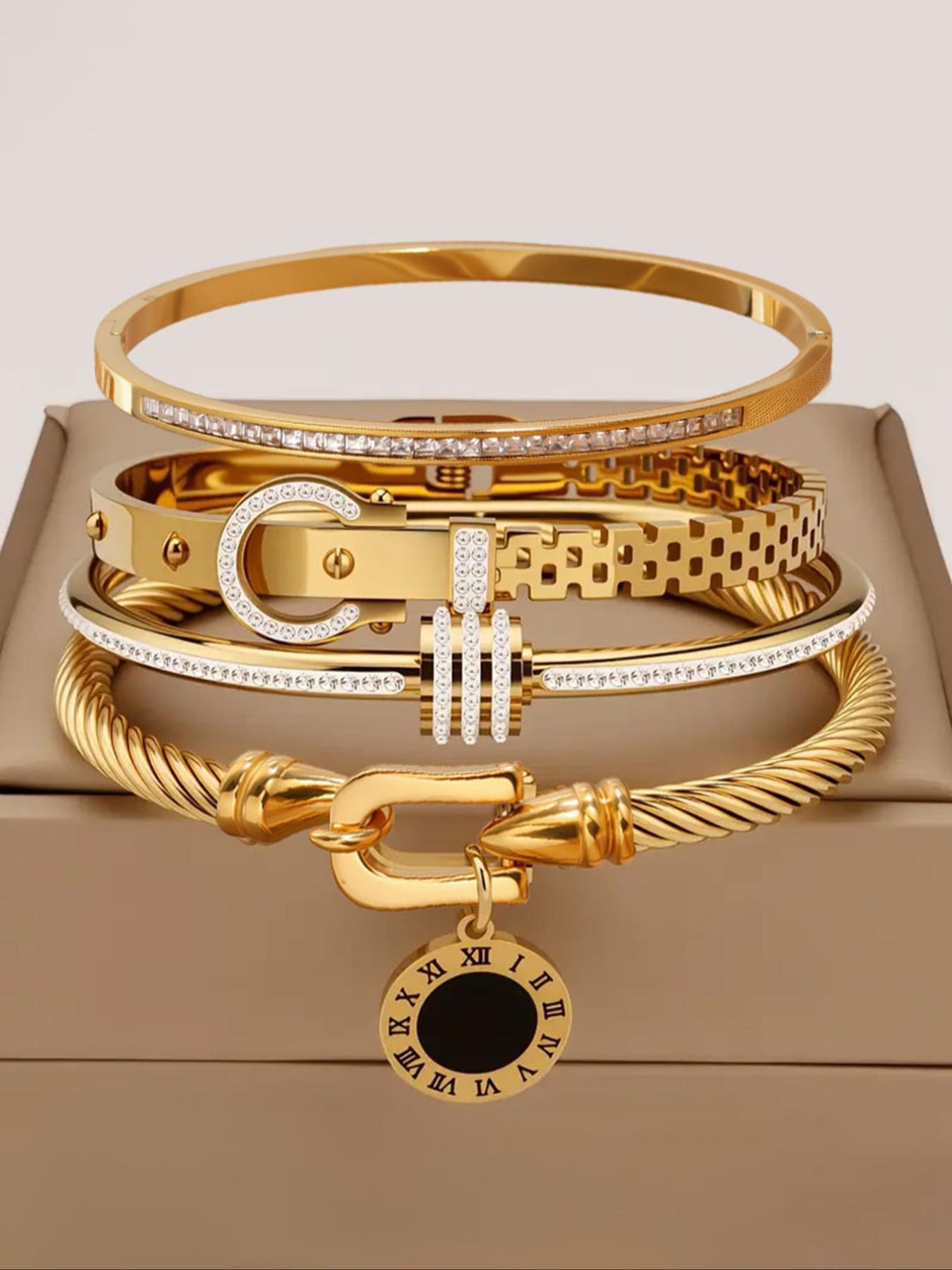 4-Piece Luxury Stainless Steel High Quality Bracelet Set, Women's Gold-plated Rhinestone Decorative Stackable Bracelets, Classic Wrist Accessory, Perfect Exquisite Holiday Gift