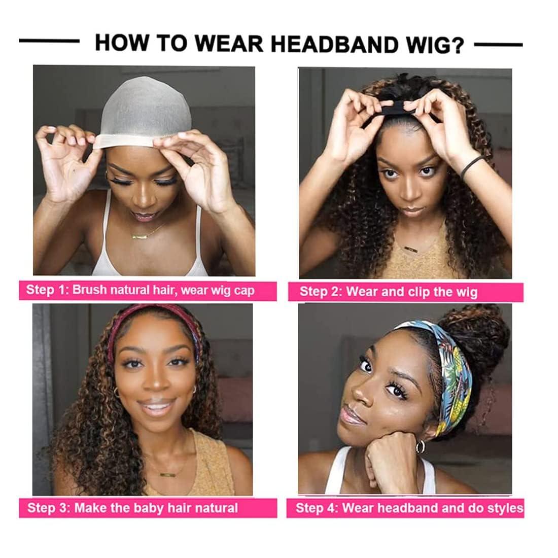 Highlight 4/27 Deep Curly Headband Wig Human Hair Glueless None Lace Wigs 180% Density Scarf Wig No Gel No Glue Full Machine Made Human Hair Wigs Wear And Go Curly Wigs for Women