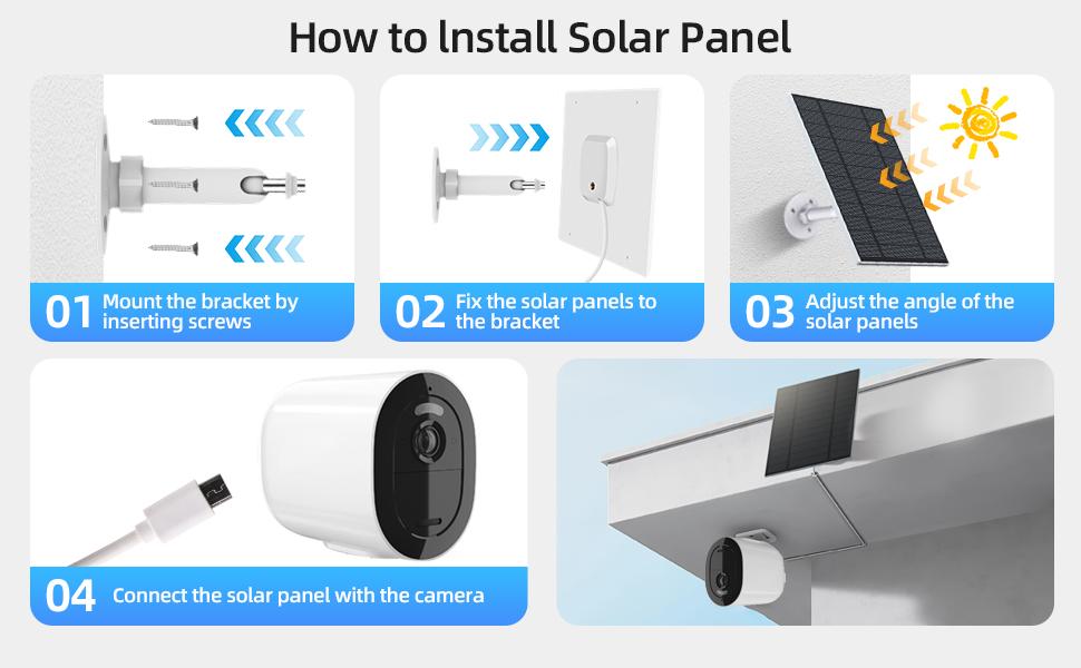 BORNERWHITE 2 Pack Solar Panel for Security Camera, 5W USB Solar Panel Compatible with Rechargeable Battery Camera with Micro USB or USB-C Port,Camera Solar Panel with IP65 Waterproof, 360° Adjustable Bracket, 9.8ft Cable