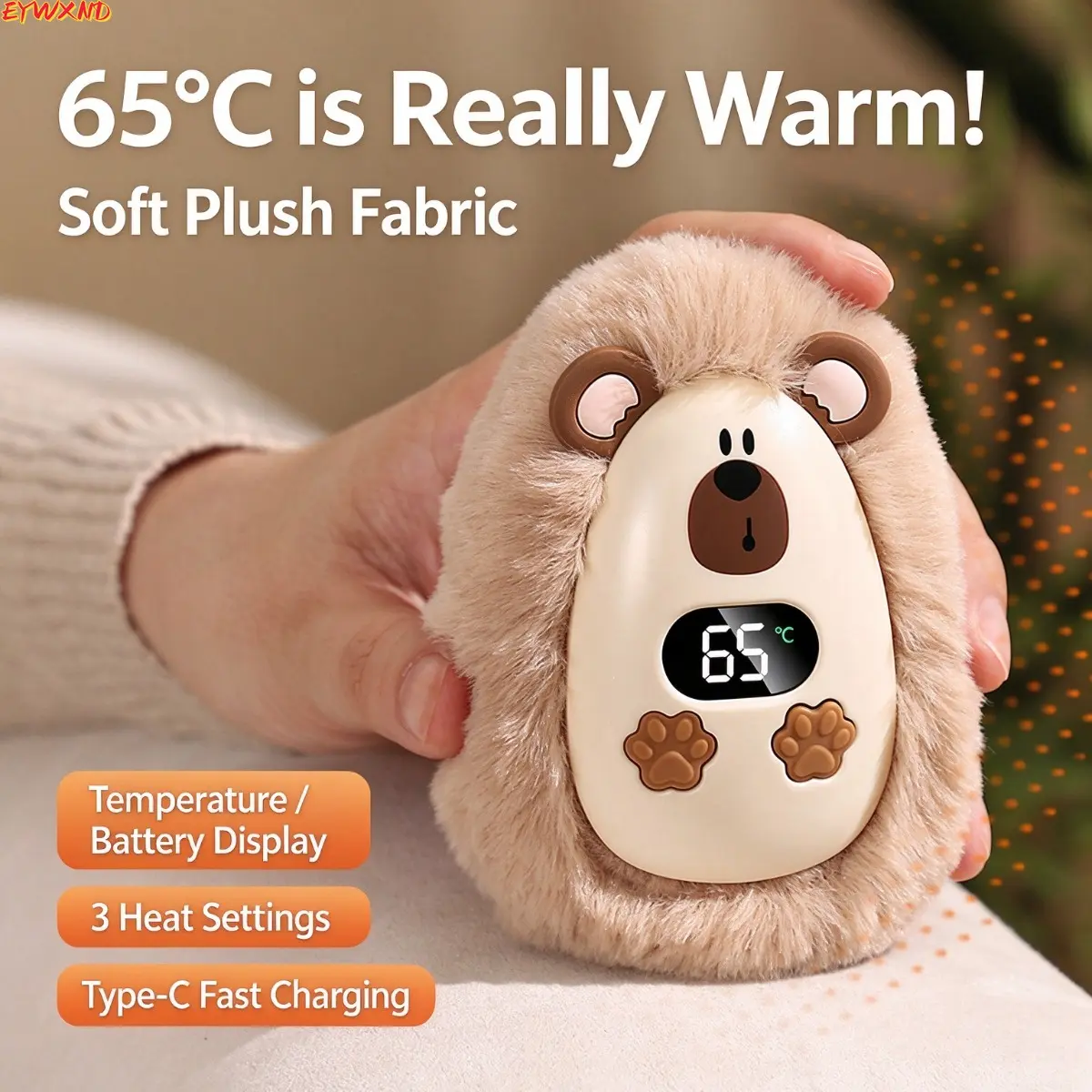 EYWXND Cute Bear Plush Rechargeable Hand Warmer - Portable Heater with Digital Temp. Display, 3 Heat Settings, Type-C Charging Pocket Hand Warmers for Winter Outdoor/Indoor Leisure Use