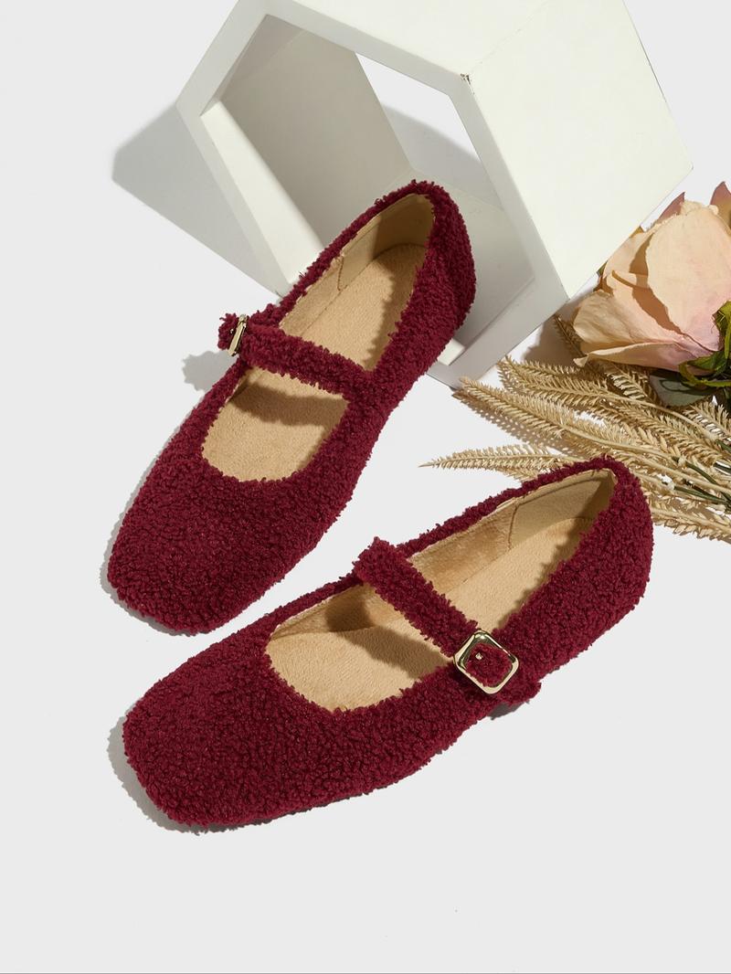 Women's Fashion Flat Square Toe Faux Fur Single Shoe, Retro Style, Comfortable Outdoor Maternity Shoes, Spring & Fall, Furry Shoes