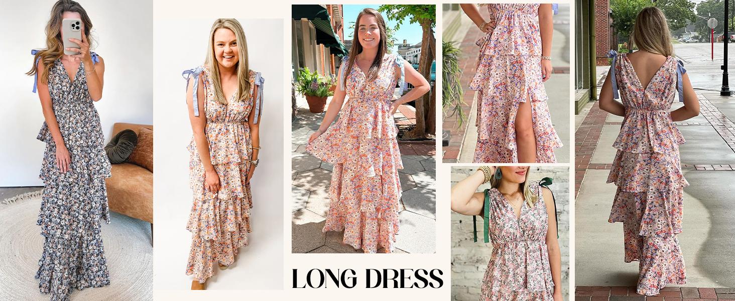 Wenrine Women’s Summer Floral Maxi Dress Tie Strap Sleeveless V Neck High Slit Boho Ruffle Tiered Beach Dresses