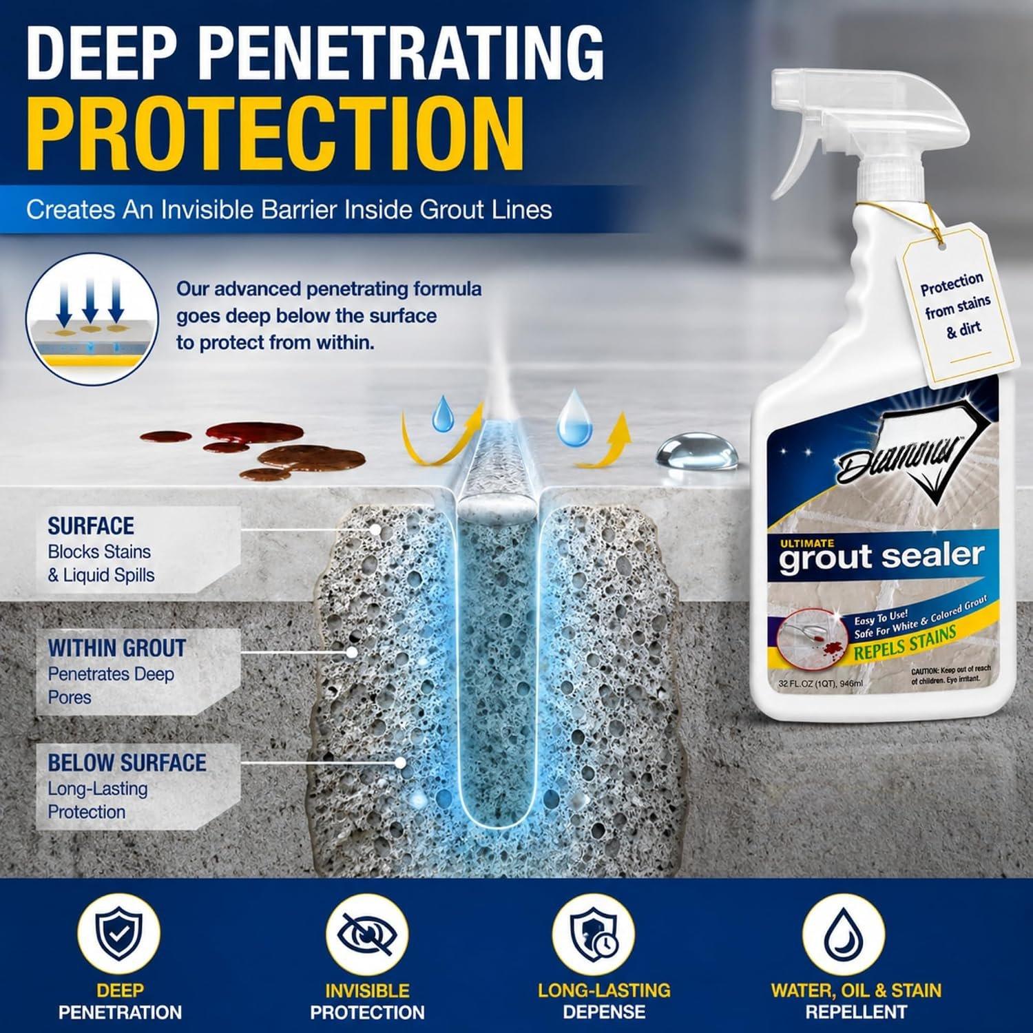 Professional Strength Grout Sealer for Tile Sealing, Stone Grout, Showers & Floors, Stain Repellent, Easy-Clean, Low Odor Contractor Grade, Quart Size