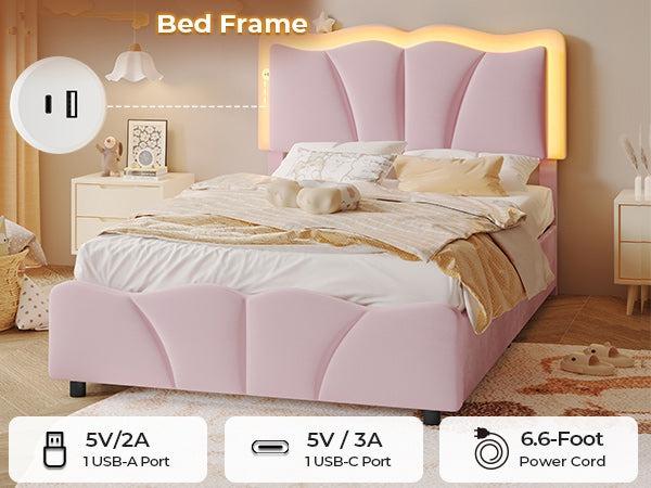 Sikaic Upholstered Platform Led Bed Frame with USB Ports Drawers Pink Furniture Corner Headboard Bedroom Set Bedframe