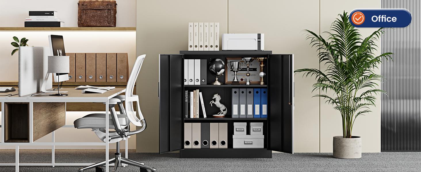 Yizosh Metal Storage Cabinet with 2 Adjustable Shelves, Steel Counter Cabinet with Lockable Doors for Home Office (Black) Yizosh Metal Storage Cabinet with 2 Adjustable Shelves, Steel Counter Cabinet with Lockable Doors for Home Office (Black)