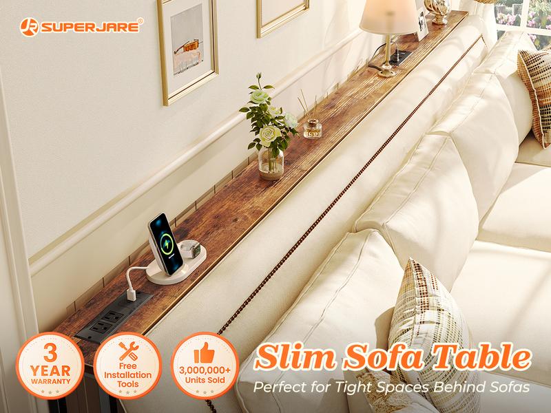 SUPERJARE 102 Inch Sofa Table with 2 Power Outlets and USB-C Ports, 5.9 Inch Narrow Console Table with Storage, Extra-Long, for Couch，Behind Sofa or Bed