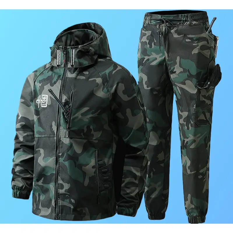 Menswear Top & Trouser Matching Unisex Raglan Sleeve Camouflage Workwear Set, Cotton Stretch Long Sleeve Uniform for Welding, Auto Repair Labor Protection (Premium Fabric for Military Enthusiasts)