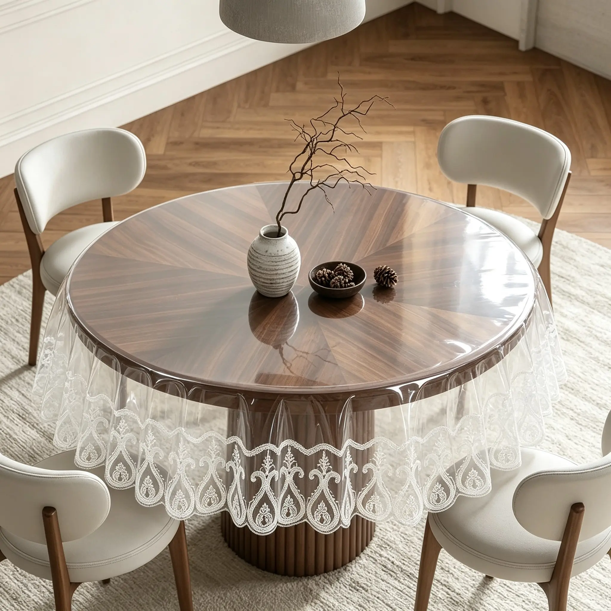 Embroidered Lace Edge PVC Round Tablecloth, Waterproof Oil-Resistant PVC Mat, Vintage Country Style Restaurant Table Protector