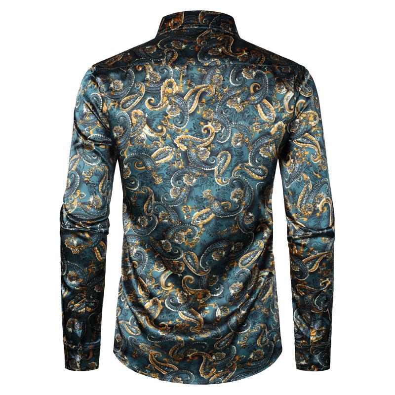 ZEROYAA Men's Hipster Fitted Silk Like Satin Dress Shirt Long Sleeve Button Down Printed Shirt for Party Prom fourth july shirt summer outfits men funny shirts
