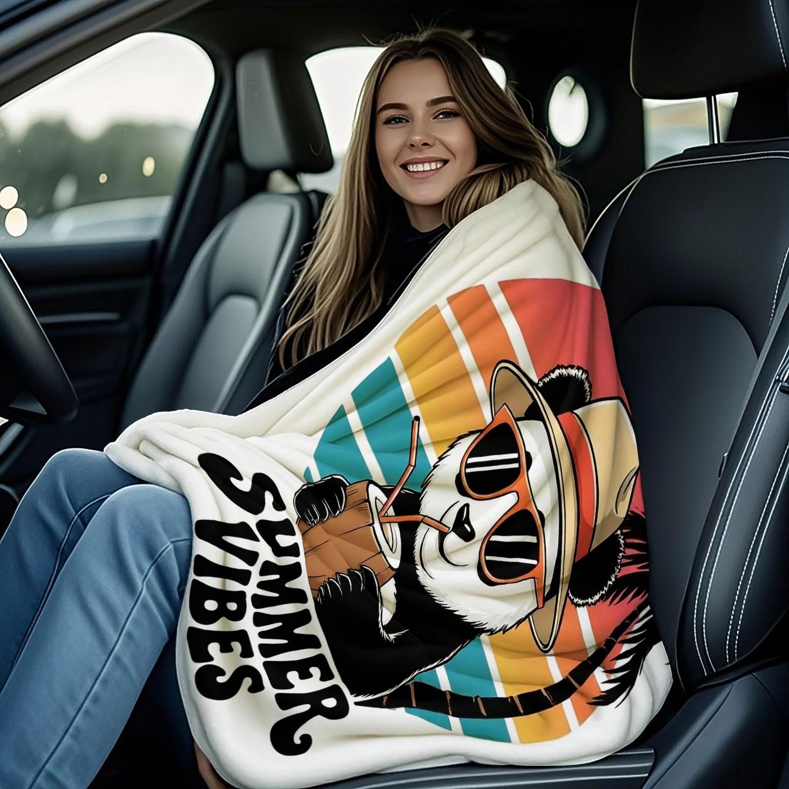 Summer Vibes Panda Flannel Blanket, Cute Tropical Palm Tree Print Throw Blanket, Ultra Soft Warm Blanket, Fun Beach Themed Gift Blanket for Kids, Teens & Panda Lovers