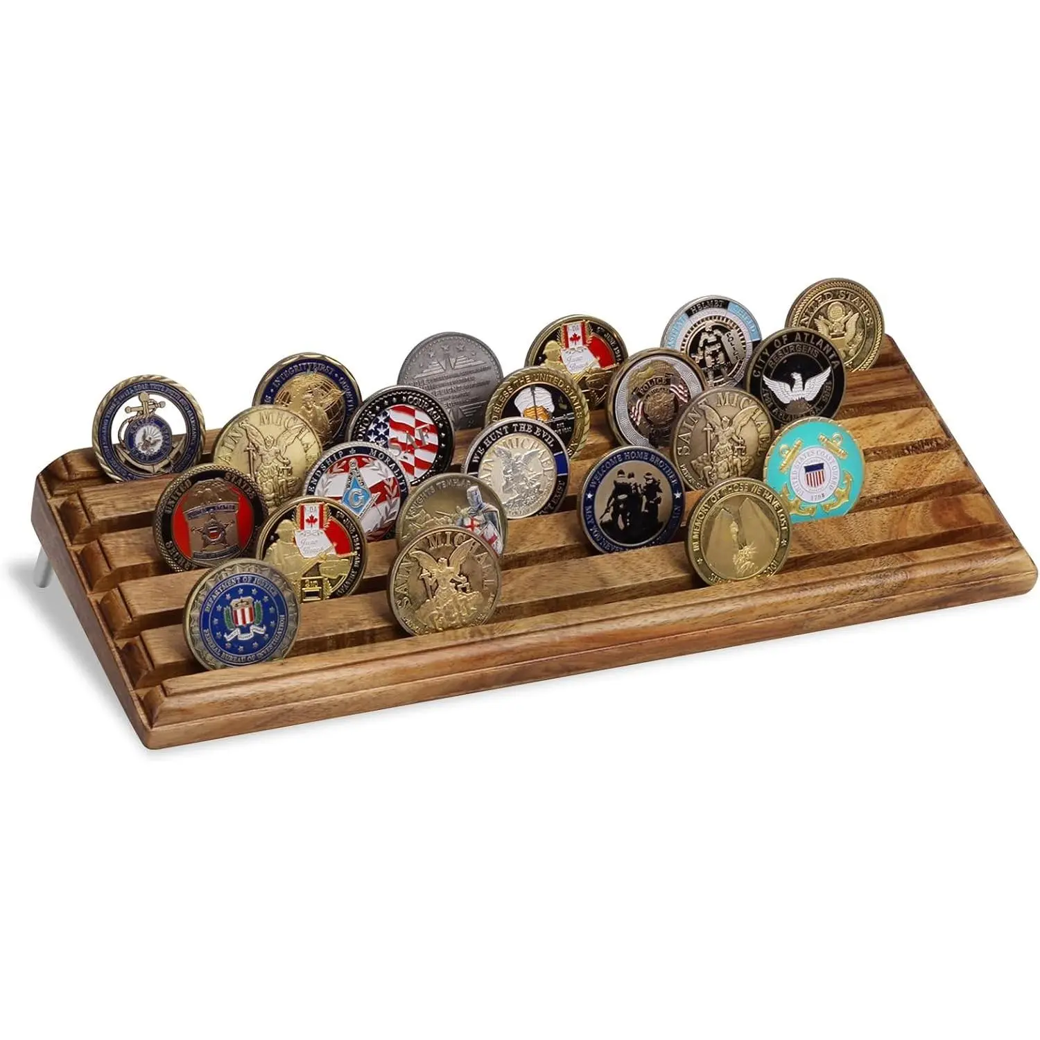 Challenge Coin Display Holder, Acacia Wood Coin Stand Holds 40 Coins, 5 Row Military Coin Rack with Non-Slip Base, Challenge Coin Display Case for Collectors