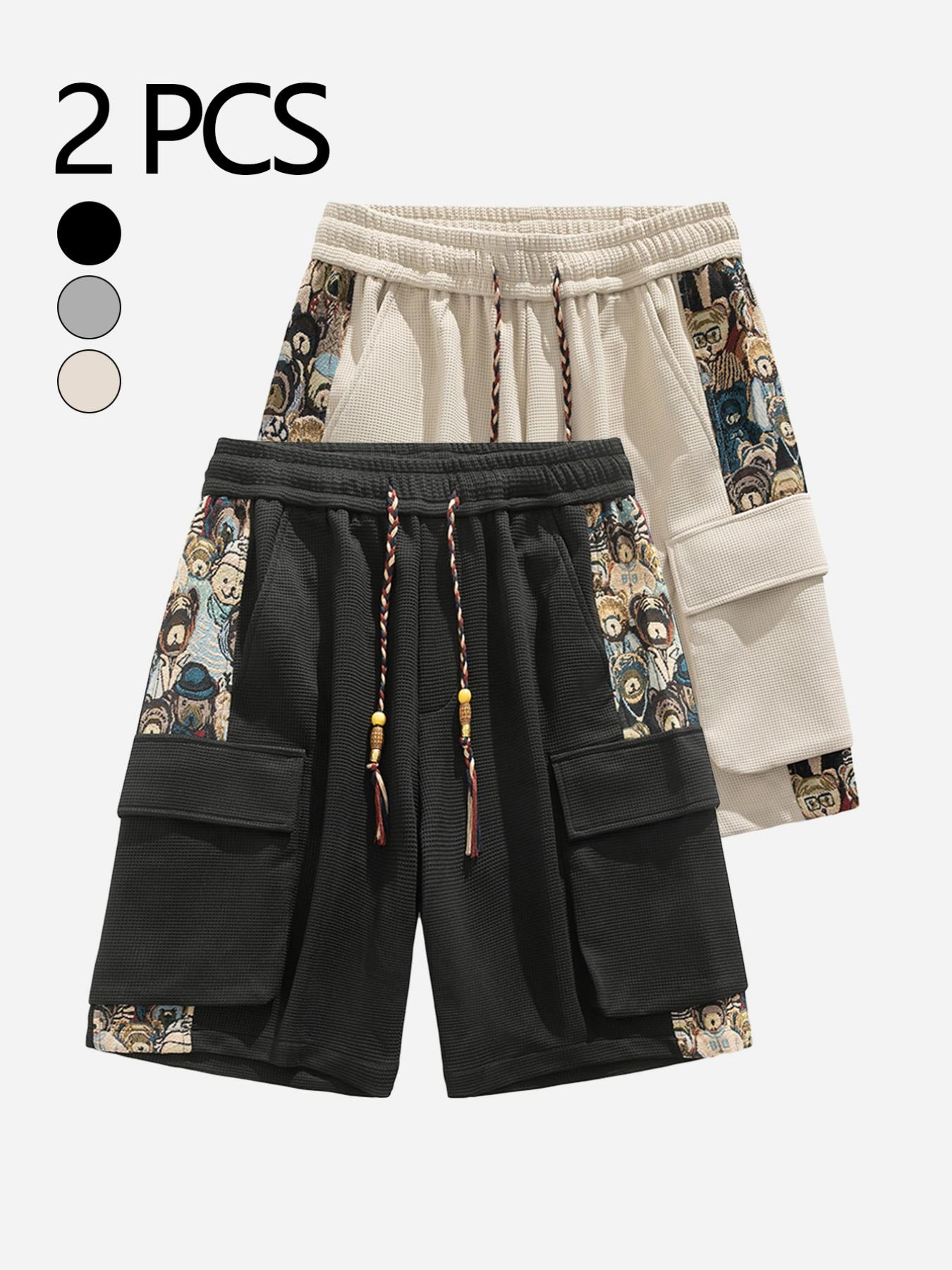 Men's Summer Cartoon Bear Embroidered cargo shorts, Loose-Fitting Breathable Waffle Vintage Style, Two-Piece Set, Fashionable and Comfortable