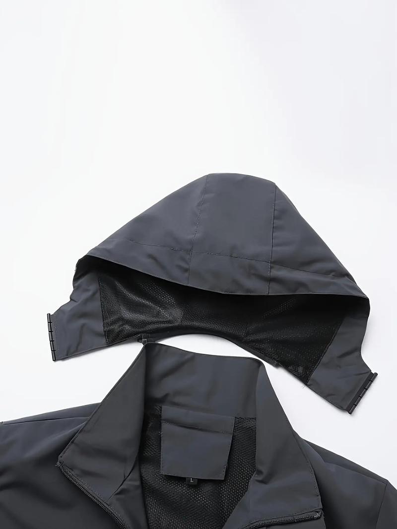 Men's Lightweight Polyester Fashion Hooded Jacket, Snap-On Letter Print, Full Zip Front, Casual Outdoor Spring & Fall Outerwear