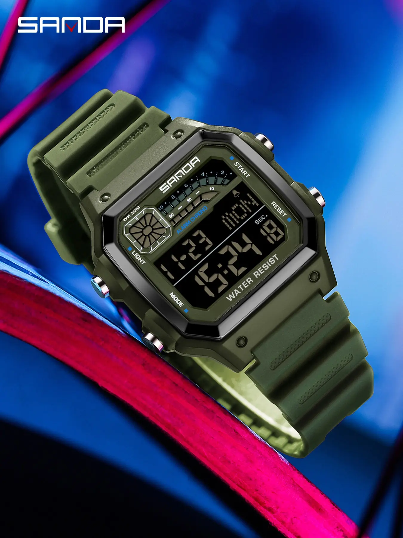 Sanda Multifunctional Luminous Waterproof Sports Watch, Ultra Thin Square Design, Dual Time Countdown, Stopwatch, Snooze, Hourly Chime, Alarm