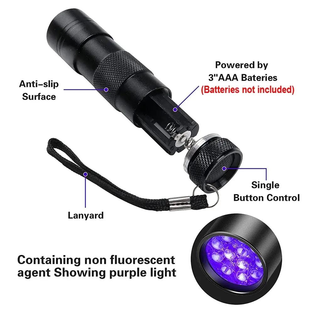 UV Handheld Waterproof Light Flashlight, 12 LED 395nm Mini Detector for Pet Urine Stains, No Battery Included