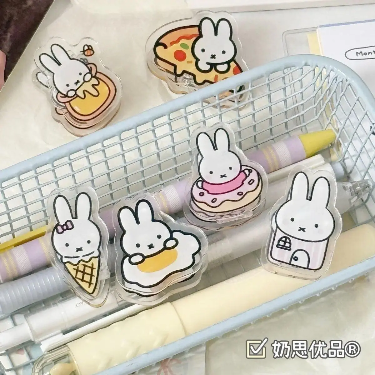 6pcs Miffy Rabbit Note Clip Acrylic Double-sided PP Clip Cute Cartoon Decorative Hand Account Clip Student Stationery Desk Decor