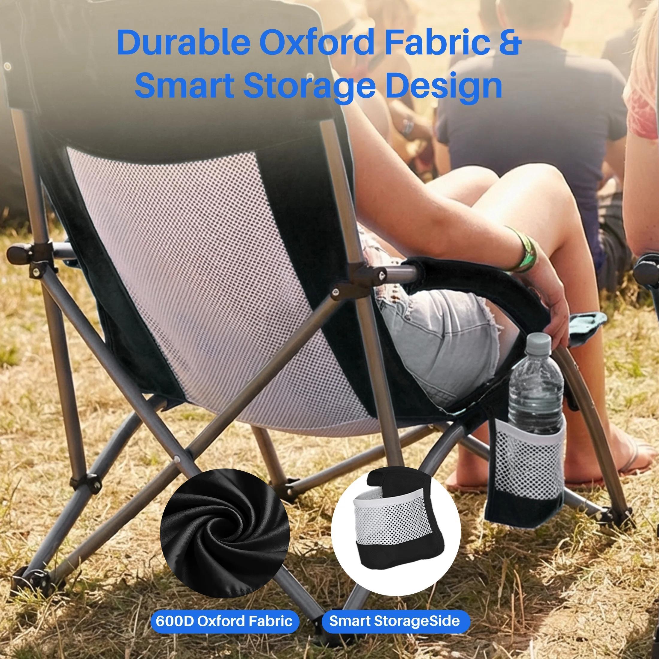 Heavy-Duty Portable Folding Camping Chair with Mesh Ventilated Backrest, Side Storage Pockets, Built-In Cup Holder and Integrated Backpack, Lightweight Foldable Outdoor Chair for Camping, Hiking, Picnics and Beach Trips