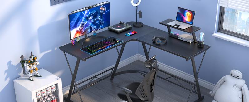 Mr IRONSTONE L Shaped Gaming Desk with Led Lights and Speakers Corner Computer Desk,L shaped desk, Home Office Desks Writing Workstation with Large Monitor Stand, Easy to Assemble (Black,51 Inch)