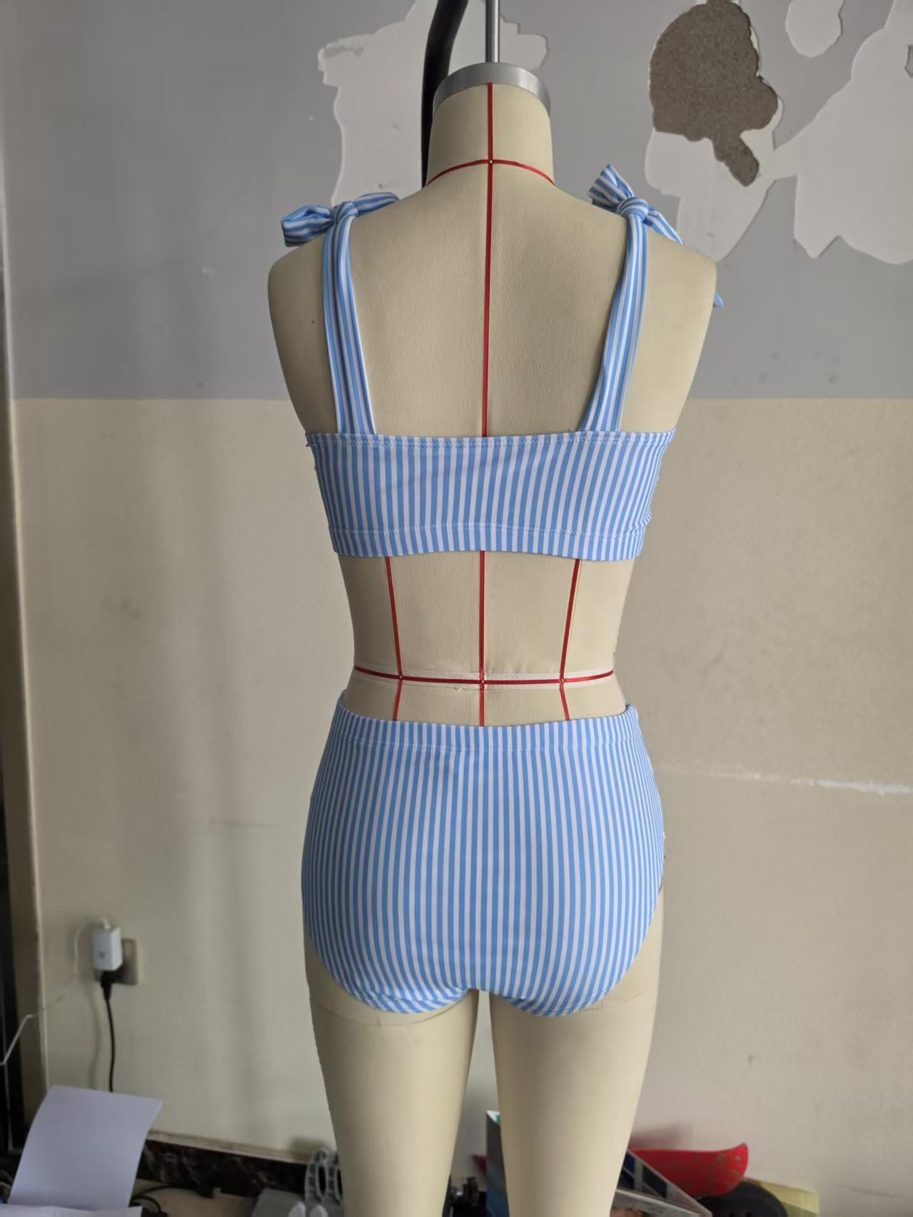 2026 New Striped Two Piece Bikini Set, Tie Strap Top High Waist Bathing Suit, Women Fashion Beach Swimwear