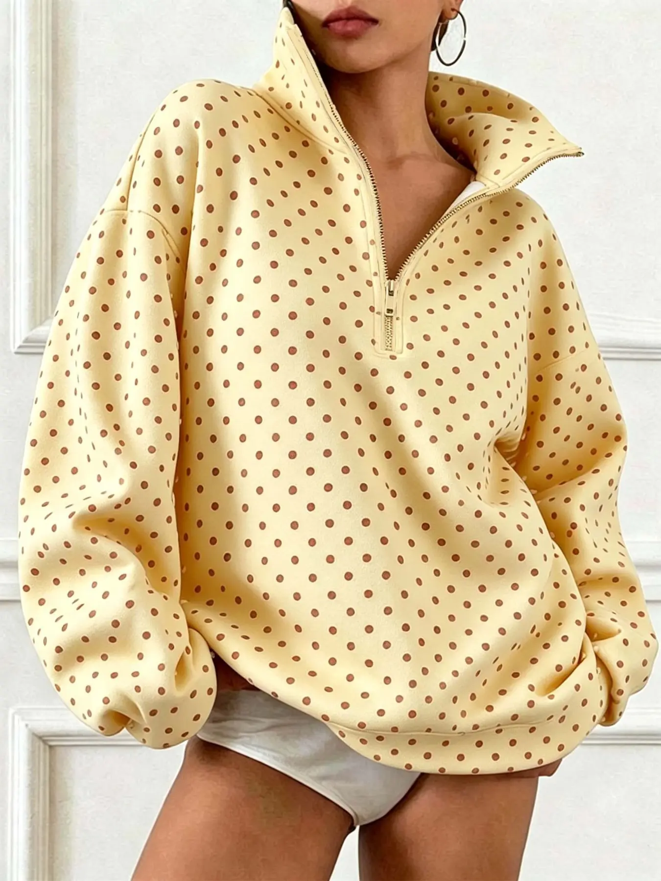 Oversized Loose Long Sleeve Loungewear Top, Cozy Aesthetic Polka Dot Half Zip Sweatshirt, Trendy Stand Collar Design, Fall & Winter