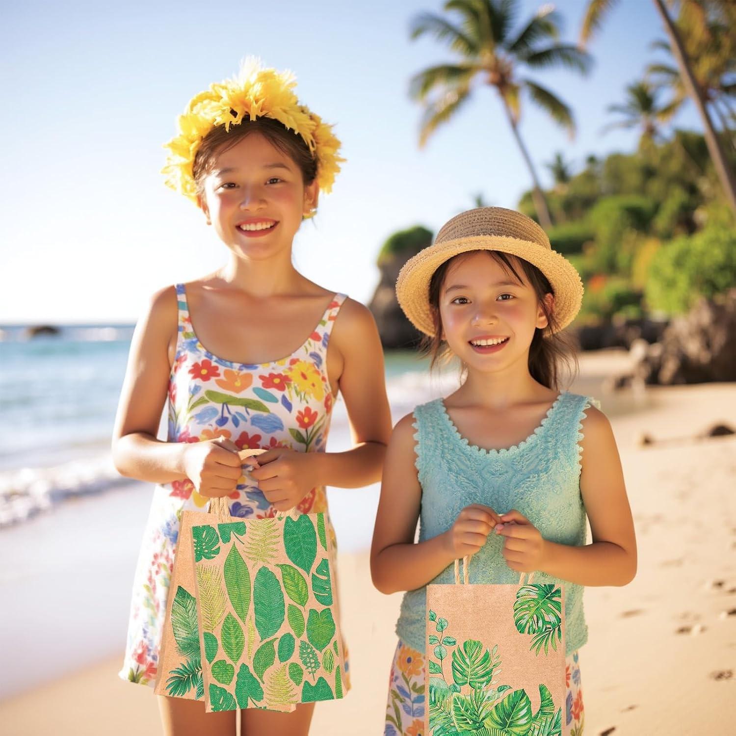 12/24-Pack Summer Tropical Palm Leaf Gift Bags – Tropical Leaf Candy & Favor Bags – Green Monstera Leaf Paper Bags (Ideal for Baby Showers & Bachelorette Parties)